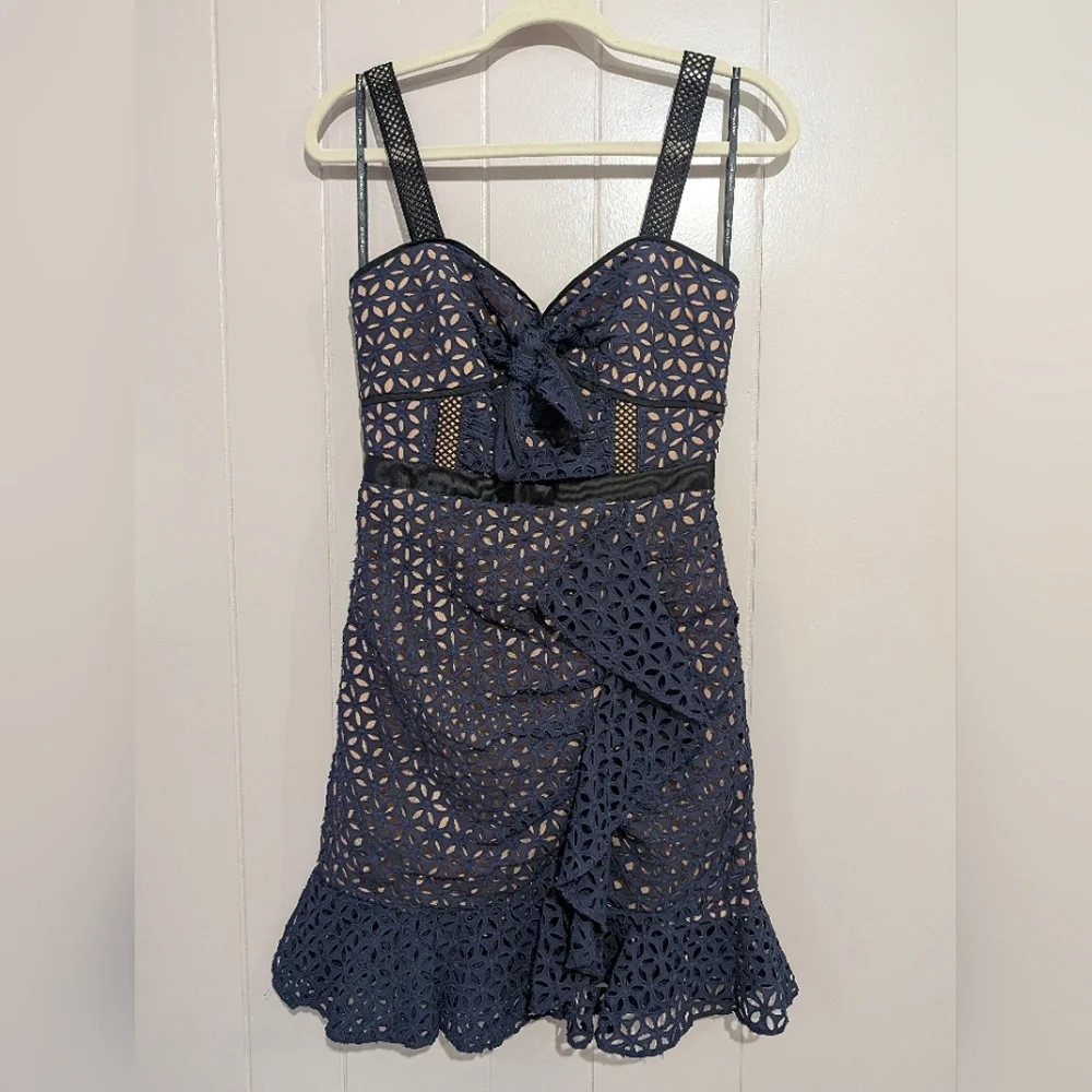 SELF-PORTRAIT Navy Petal Broderie Dress Size US 4 - Picture 4 of 12